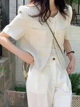 夏にぴったり！ツイード風チェック柄の短袖カーディガン【女性用・スリム効果・カジュアル】