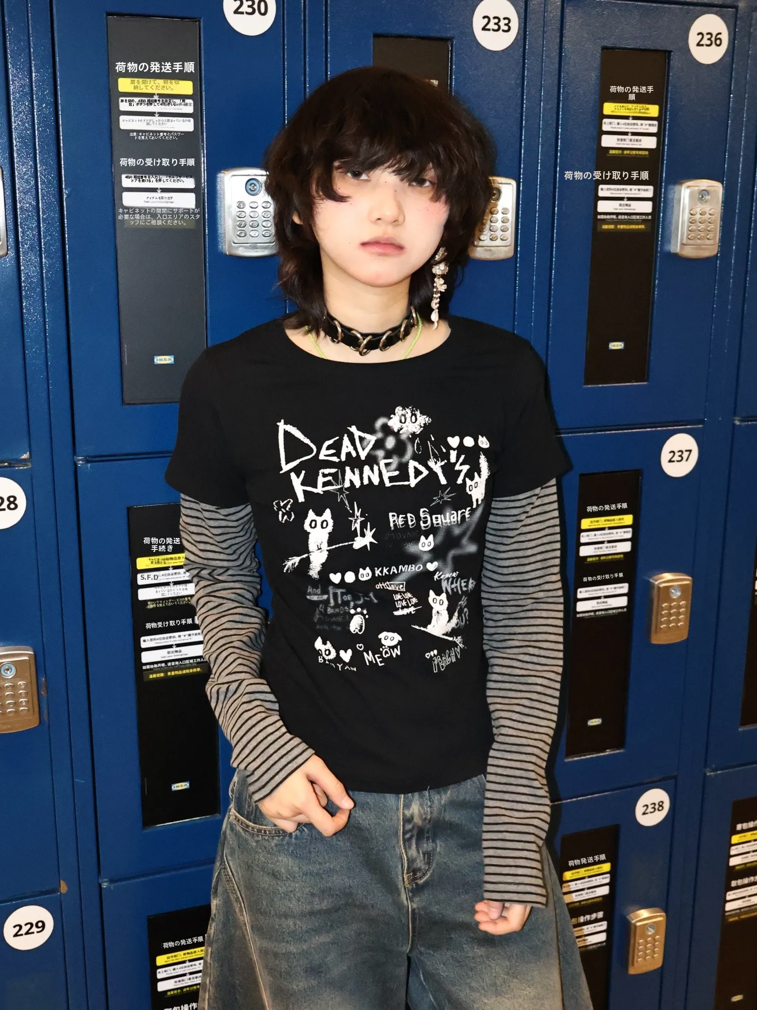 ストライプ長袖Tシャツ【猫柄・スリムフィット・Y2Kスタイル・カジュアル】 （セットアップ対応）