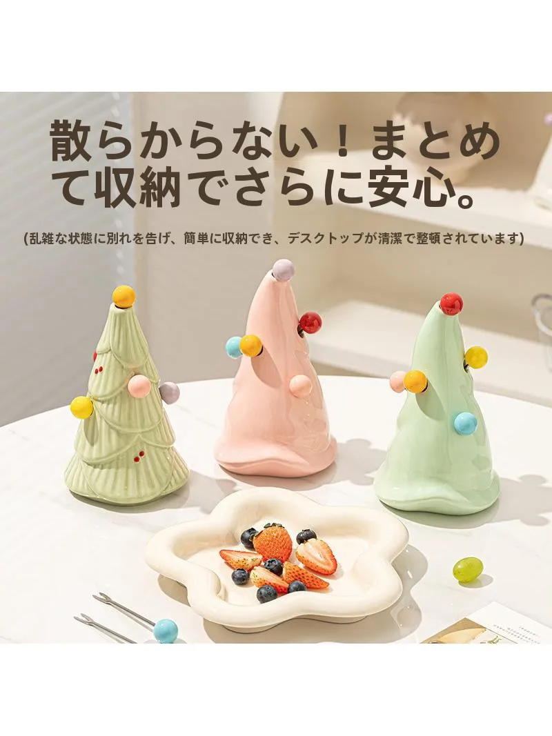 クリスマスツリー型フルーツフォークセット：現代的なホームデコレーションに最適な陶器製アイテム