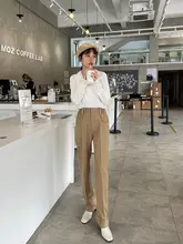 猫鏡デザインのサイドゴム付きカーキ色ポケットハイウエストテーパードカジュアルパンツ