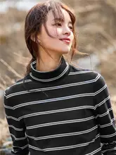 ストライプ柄ハイネック長袖Tシャツ【女性用・コットン・ベーシックデザイン】