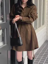 レトロな雰囲気！カラー無地の小さなボタン付き襟付きワンピース【ウエストマーク・Aライン・短め丈】