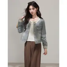 レースのアクセントが魅力的な短丈デニムジャケット【女性用・スタイリッシュデザイン】