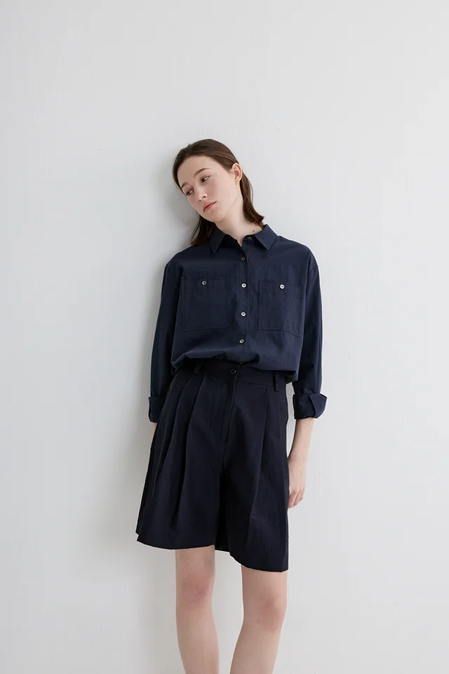 HABITS クラシックスタイル 麻混コットン長袖シャツ【ダブルポケット・翻領デザイン】
