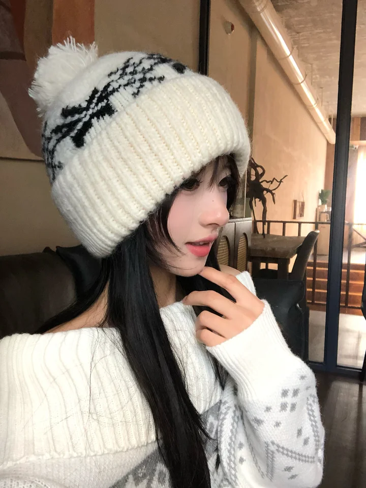 レトロフェアアイル柄ポンポンニットキャップ【冬用・厚手・保温】