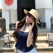 濃紺のウエストシェイプキャミソール無袖シャツ【フリル付き・スクエアネック・夏用】