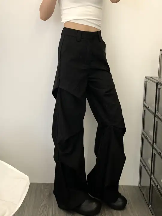 高身長向けのアメリカンスタイル褶みデザインの工装パンツ【夏用・薄手・フレアシルエット】（セットアップ対応）