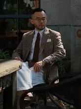 春夏用 イタリアンスタイル ヴィンテージ麻製カジュアルジャケット【ブラウンチェック】