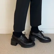 牛革製 英倫風レトロ厚底ハイヒールローファー【丸トゥ・紐付き・女性用】