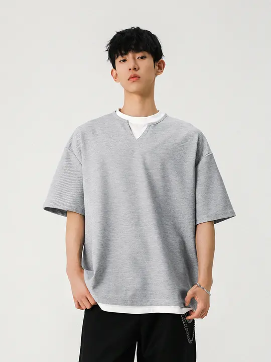 Tシャツ 半袖 ユニセックス ワッフル生地 パッチワーク フェイクレイヤード オーバーサイズ ヴィンテージ 夏 ペア