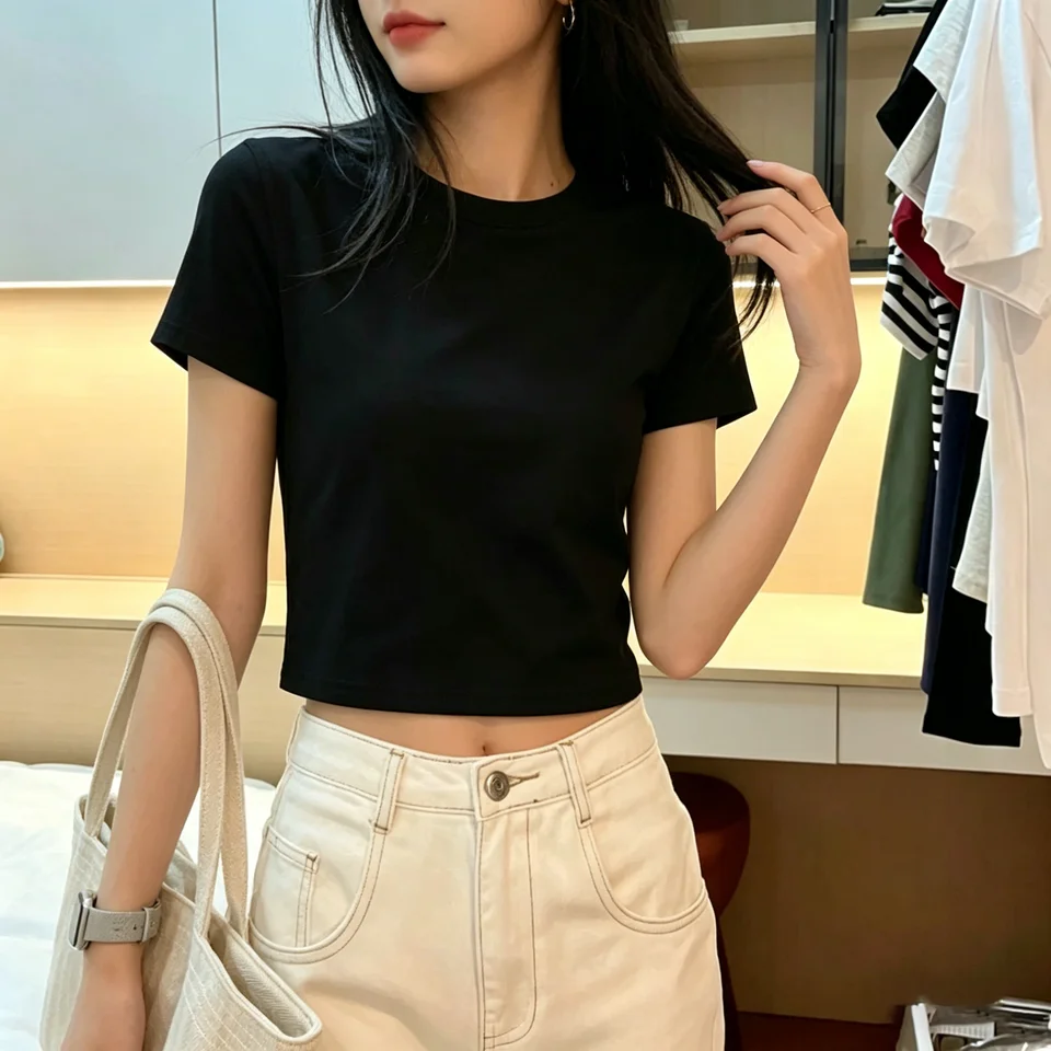 黒短袖Tシャツ【ペプラムデザイン・ハイウエスト・フィット感抜群・クロップド丈】