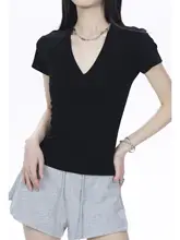 黒のビッグスリーブ短袖Tシャツ【Vネック・スリムフィット・夏用】
