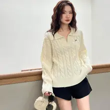 麻のポロ襟カジュアルニットセーター【ルーズフィット・カレッジスタイル・極上の柔らかさ】