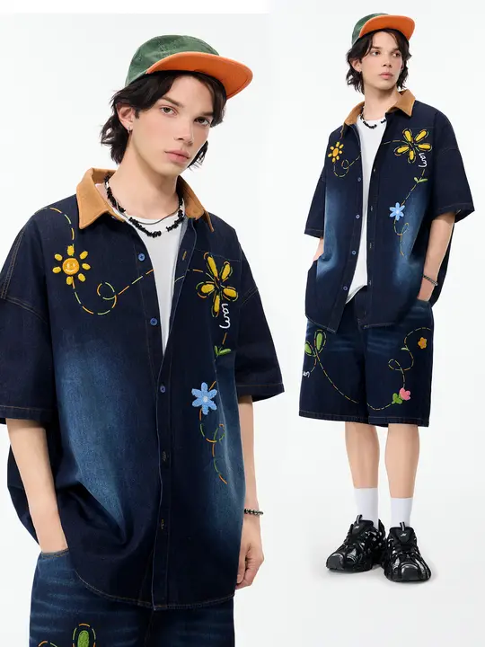 復古風ウォッシュ加工刺繍入りデニムシャツ【夏用・ゆったりシルエット・半袖】
