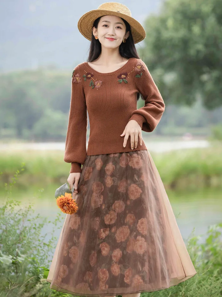 小柄女性向けニットデザインのセーターとスカート【秋季新作・極上の柔らかさ】（セットアップ対応）