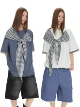 ウエストリボンデザインのゆったりラウンドネック半袖Tシャツ【レトロチェック・カジュアルスタイル】