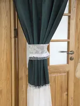 フレンチカントリースタイルのグリーンレース辺付きカーテン【麻混素材・ドレープタイプ】