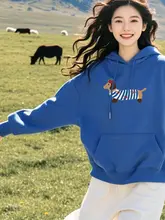 ブルーのフード付きカートゥーン犬プリント長袖スウェットシャツ【アメリカンスタイル・ゆったりデザイン  】