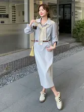 レースショール付きデニムワンピース【フランス風・ロング丈・美ラインシルエット】
