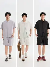 夏季 メンズ チェック柄コーディネート【都市型・フィット・翻領・大きなポケット付き】（セットアップ対応）