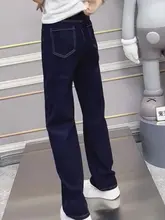 ダークブルー窄版ストレートデニムパンツ【高ウエスト・大きいサイズ・春秋用・梨型体型対応】