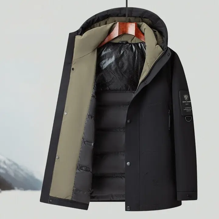 フード付きの防風ダウンジャケット【冬用・厚手・アウトドア用・保温性あり】