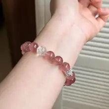 天然ストロベリークォーツブレスレット【ラウンドデザイン・粉水晶・ホワイト・春の引き寄せ】