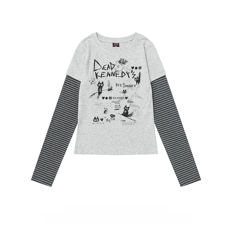 ストライプ切替デザインの長袖Tシャツ：春の日常着に最適な修身型スタイル