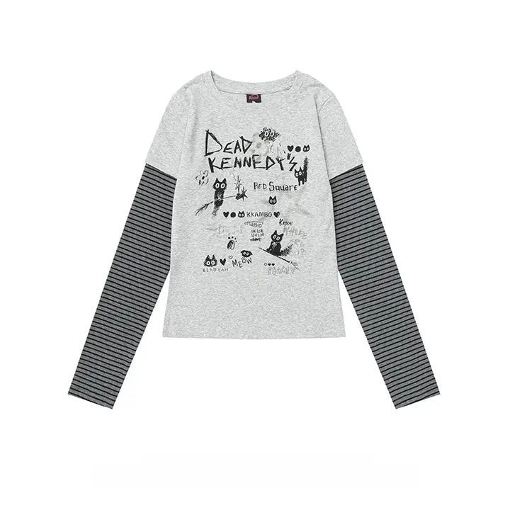 ストライプ切替デザインの長袖Tシャツ【春用・フィット感・ショート丈】（セットアップ対応）