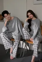 カジュアルなTシャツとチェック柄ロングパンツの春秋用パジャマ【柔らかい純綿・快適なウェア】