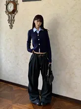 美式レトロ風3タックストライプカジュアルパンツ【Aライン・黒・ワイドレッグ】（セットアップ対応）