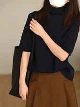 堆堆襟デザインのハイネック五分袖Tシャツ【スリムフィット・カジュアル・通勤用】（セットアップ対応）