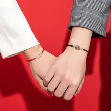 赤い紐のペアシルバーブレスレット【軽やかな編みデザイン・女性用】
