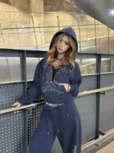 アメリカンビンテージスタイル刺繍フード付きパーカー【春用・短丈・カーディガン  ・女性用】（セットアップ対応）