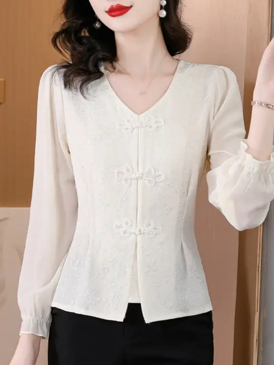 国風ボタン付きシフォンシャツ【長袖・春用・ウエスト絞り・ショート丈】