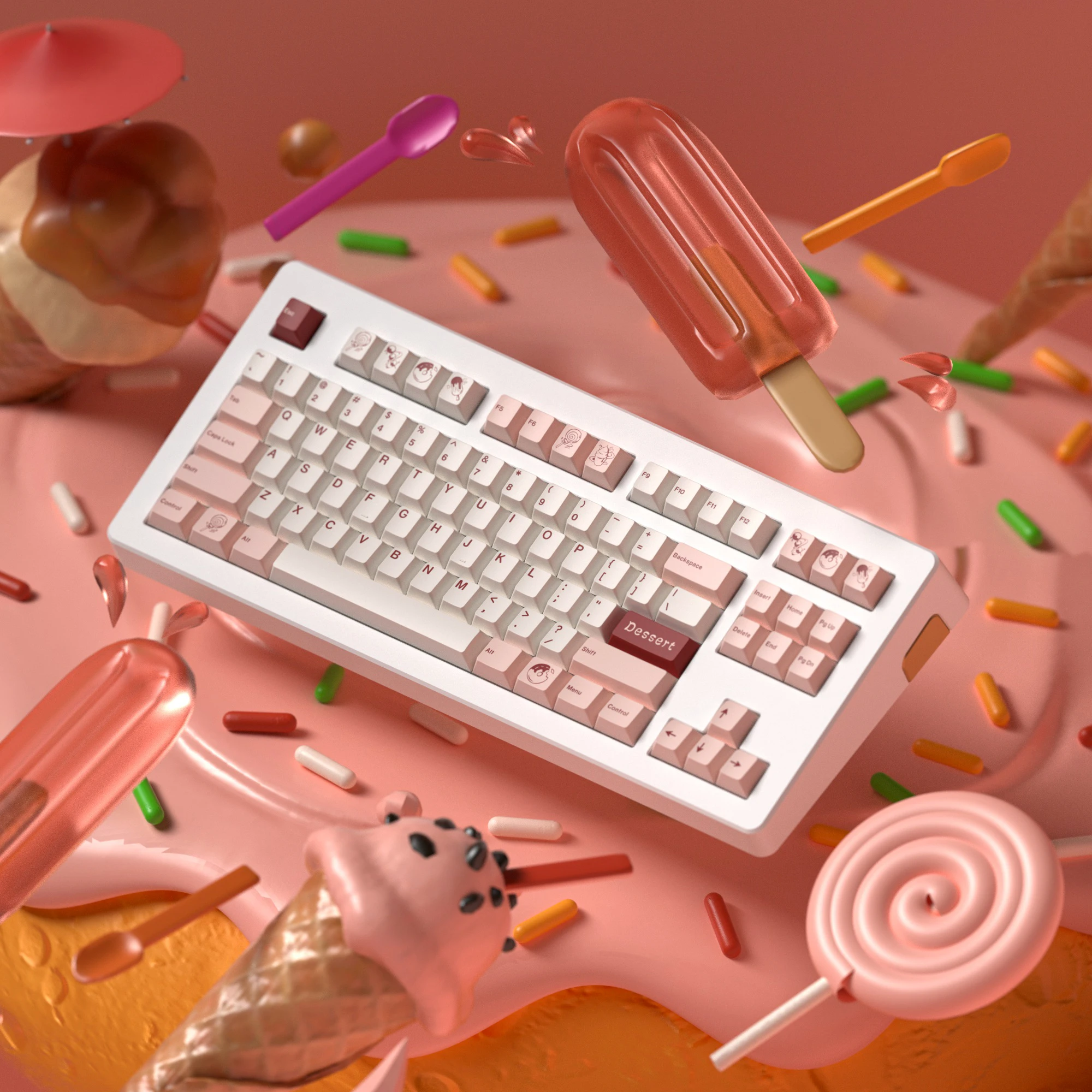 デザートデザインのタムキーボードキャップ：熱昇華加工による多様なキー対応と人体工学設計の実用性