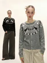 カラーブロックデザインのニットカーディガン【春秋用・ラウンドネック・スタイル】