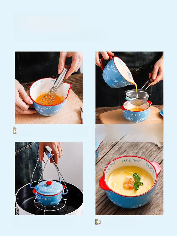 ezicok 陶製 蒸し卵用ボウル【フタ付き・赤ちゃん用・食器・水蒸し調理】