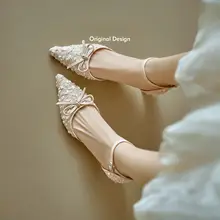羊皮製 フランス風 バタフライリボン付き ゴロンヒール サンダル【女性用・オープントゥ・エレガントデザイン】