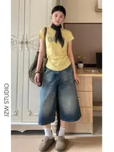 レトロブルーのハイウエストウォッシュドワイドレッグデニムパンツ【女性用・夏用・フィット・クロップド丈】