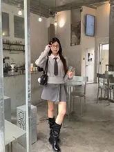 韓国風 大人の学院スタイル コーディネート【ウエストシェイプニットトップス・アシンメトリースカート・ネクタイ付き・セットアップ対応】