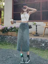 ハイウエストデザインのデニムタイトスカート【スリット入り・Aライン・夏用・女性用】（セットアップ対 応）
