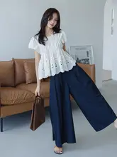 王妃家 蔵ブルーのハイウエストワイドレッグスカートパンツ【夏用・薄手・プリーツデザイン】