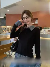 長袖トップス レディース フェイクレイヤード ポロネック インナー ブラック 秋冬 「morning bloom」