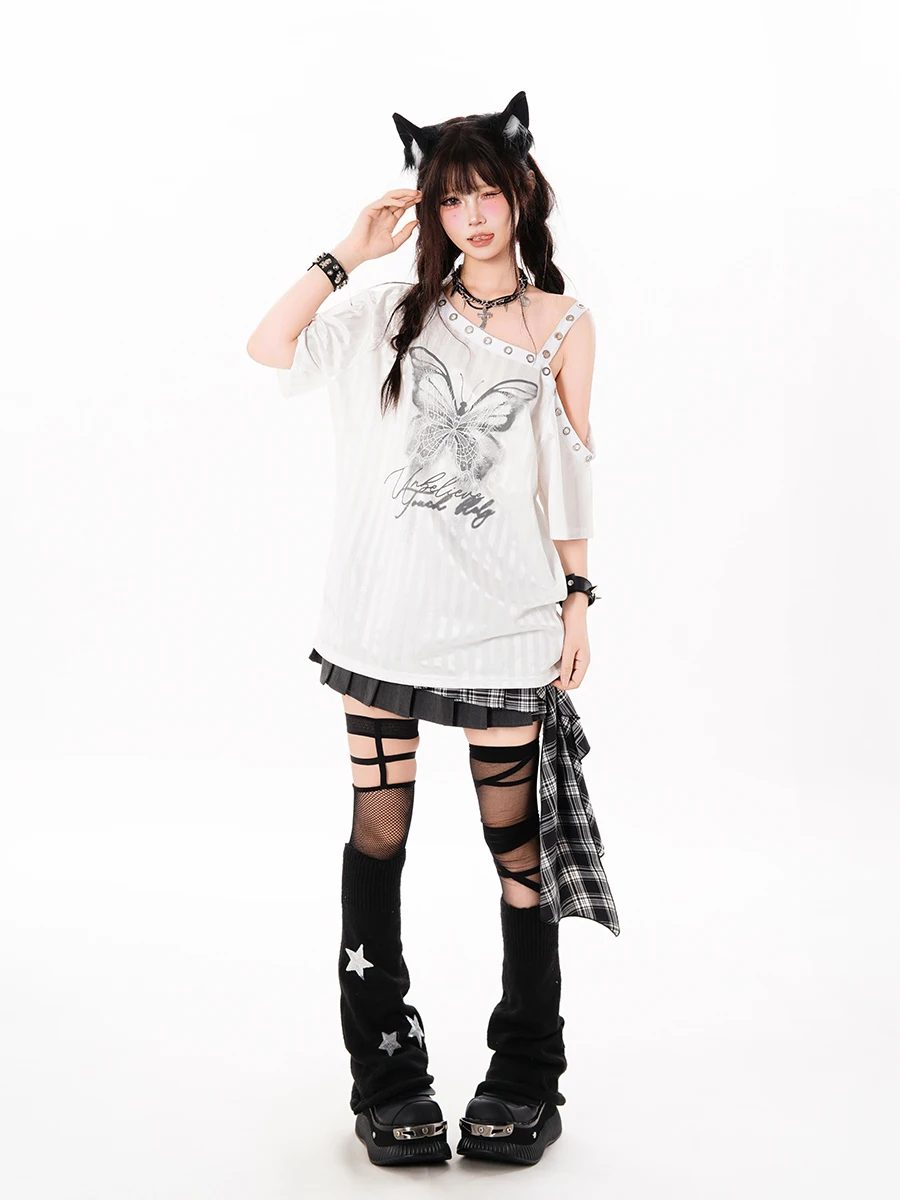 アウトドアTシャツ：レトロアンダーグラウンドスタイルのオフショルダーティーシャツ【夏用・ゆったり・UVカット】