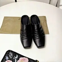 本革製のシワ付きレトロスタイルミュール【厚底・フラット・カジュアル】