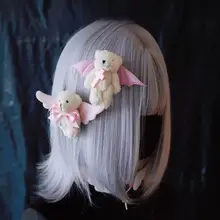 ヘアクリップ サイドクリップ ハンドメイド ウィングベア モコモコ ホワイト ピンク