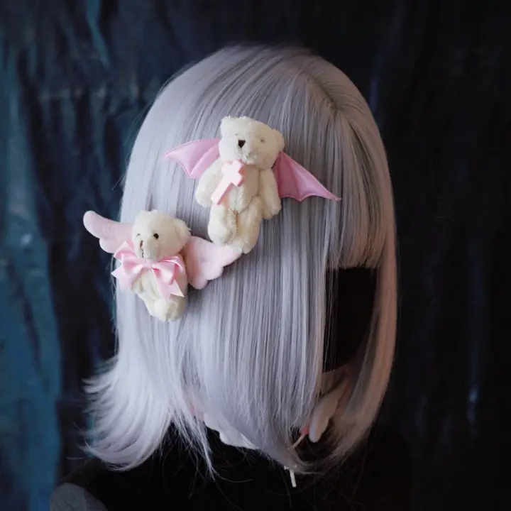 ヘアクリップ サイドクリップ ハンドメイド ウィングベア モコモコ ホワイト ピンク