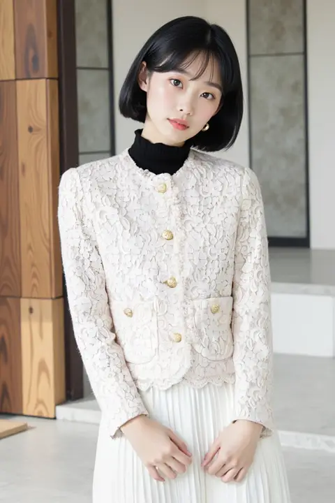 杏色レーストリムデザインの短丈ジャケット【女性用・春夏向け】