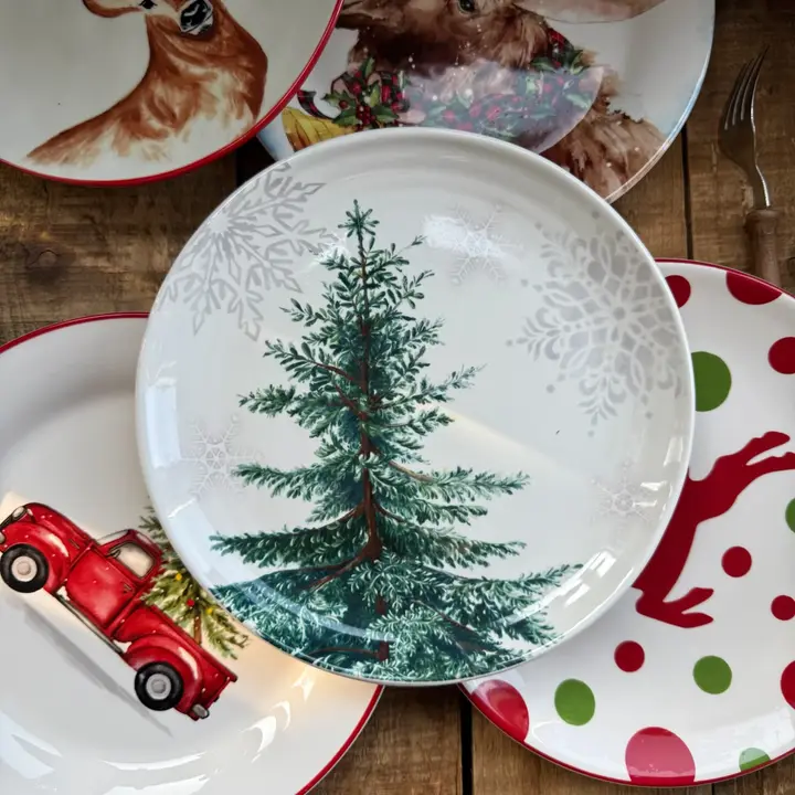 クリスマス柄陶器食器セット【鹿とクリスマスツリーデザイン・大皿・平皿・深皿】